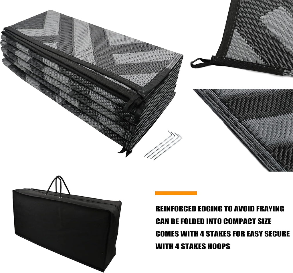 Outdoor Rugs Reversible Waterproof Mat Plastic Straw Rug with Corner Loops & Stakes Non-Fading RV Ca