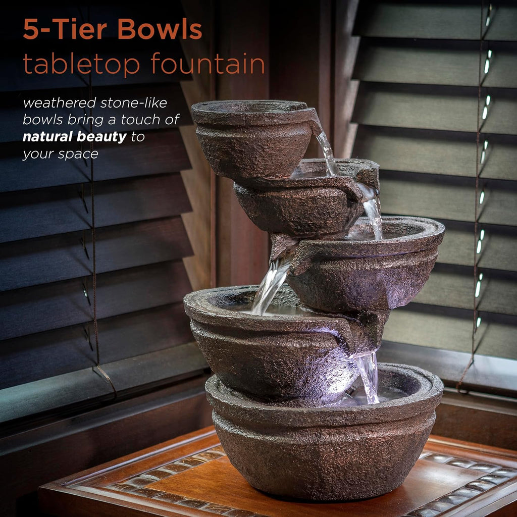 13" Indoor Tabletop Tiering Bowls Water Fountain with LED Lights - Cascading Water Feature, Meditation, Relaxation