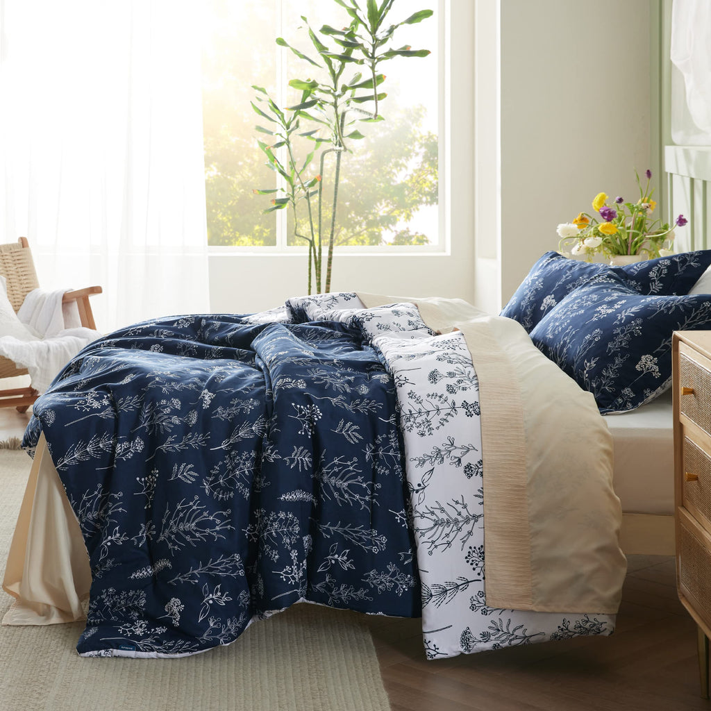 Floral Comforter Set Cute Bedding Set Reversible Navy