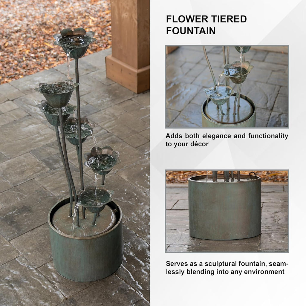 35" Tall Silver Metal Sculptural Flower Multi-Tier Freestanding Water Fountain for Indoor & Outdoor Use