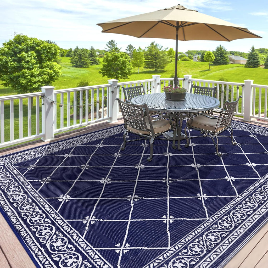 Outdoor Rug 8'x10' s, Waterproof Trellis Blue & White Outside Mat for Front Porch,Beach, Reversible Plastic Straw