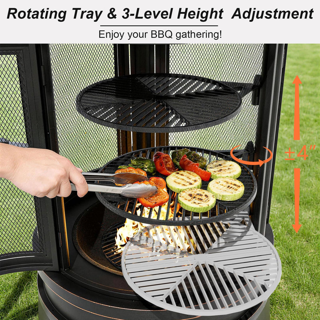 2 in 1 Metal Chimenea with Grill, Outdoor Fire Pit with Adjustable Grill Tray 3-Door Design Spark Screen Door