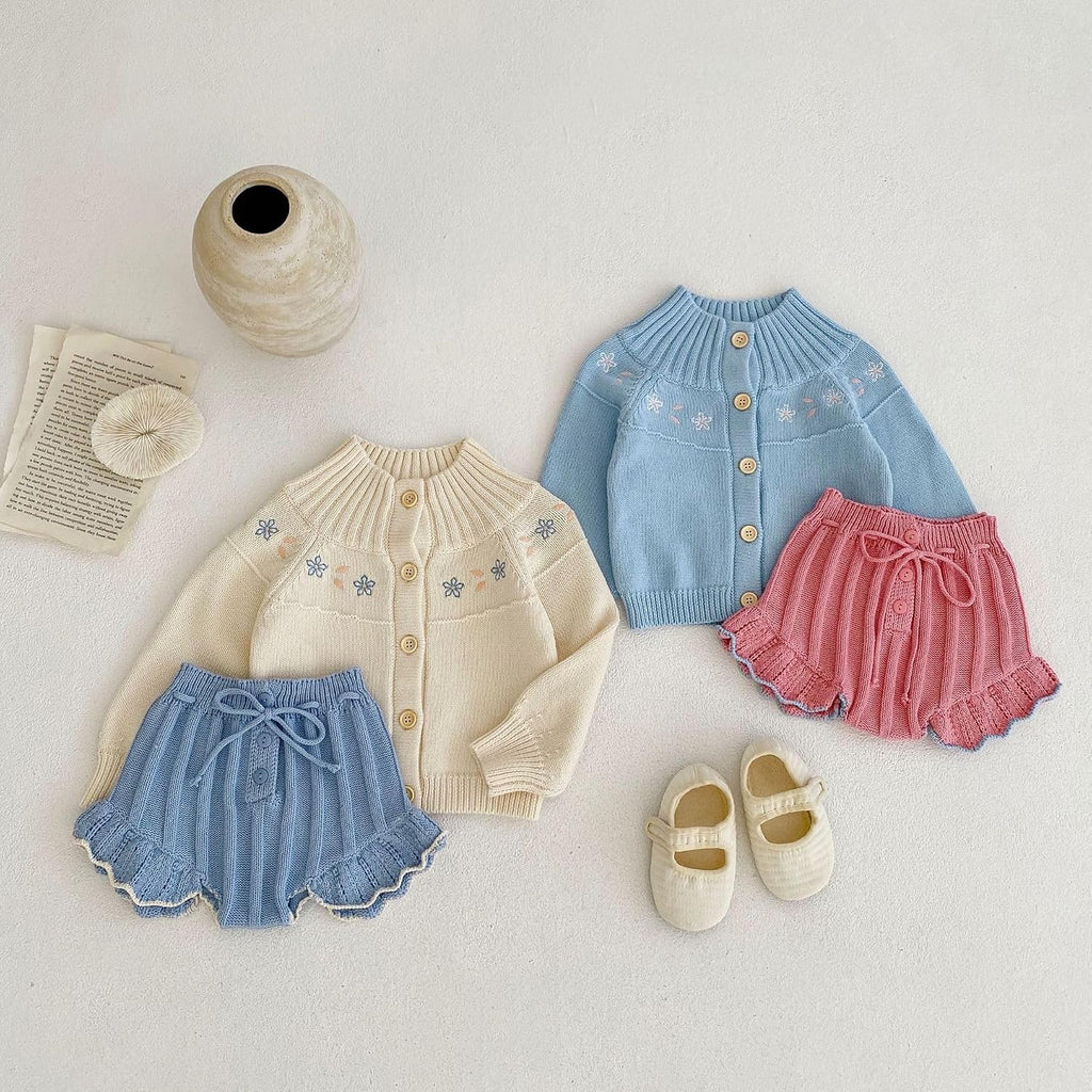 Kids Knitted Cardigan Sweater and Short set, Long Sleeve, Toddler Girls Clothes, Beige, Blue (US, Age, 6 Months, 12