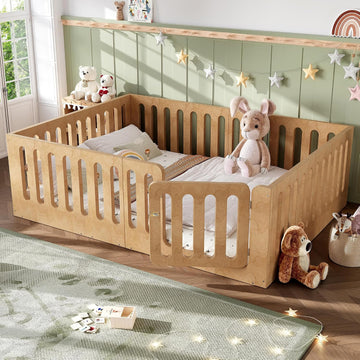 Wood Montessori Floor Bed Frame with High Fence, Natural