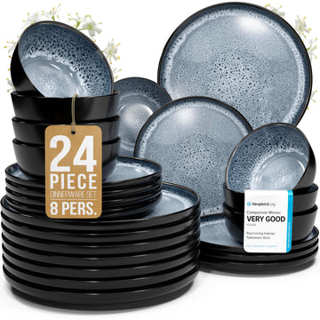 24 Piece Stoneware Dinnerware Set for 8, Handcrafted Plates and Bowls Set