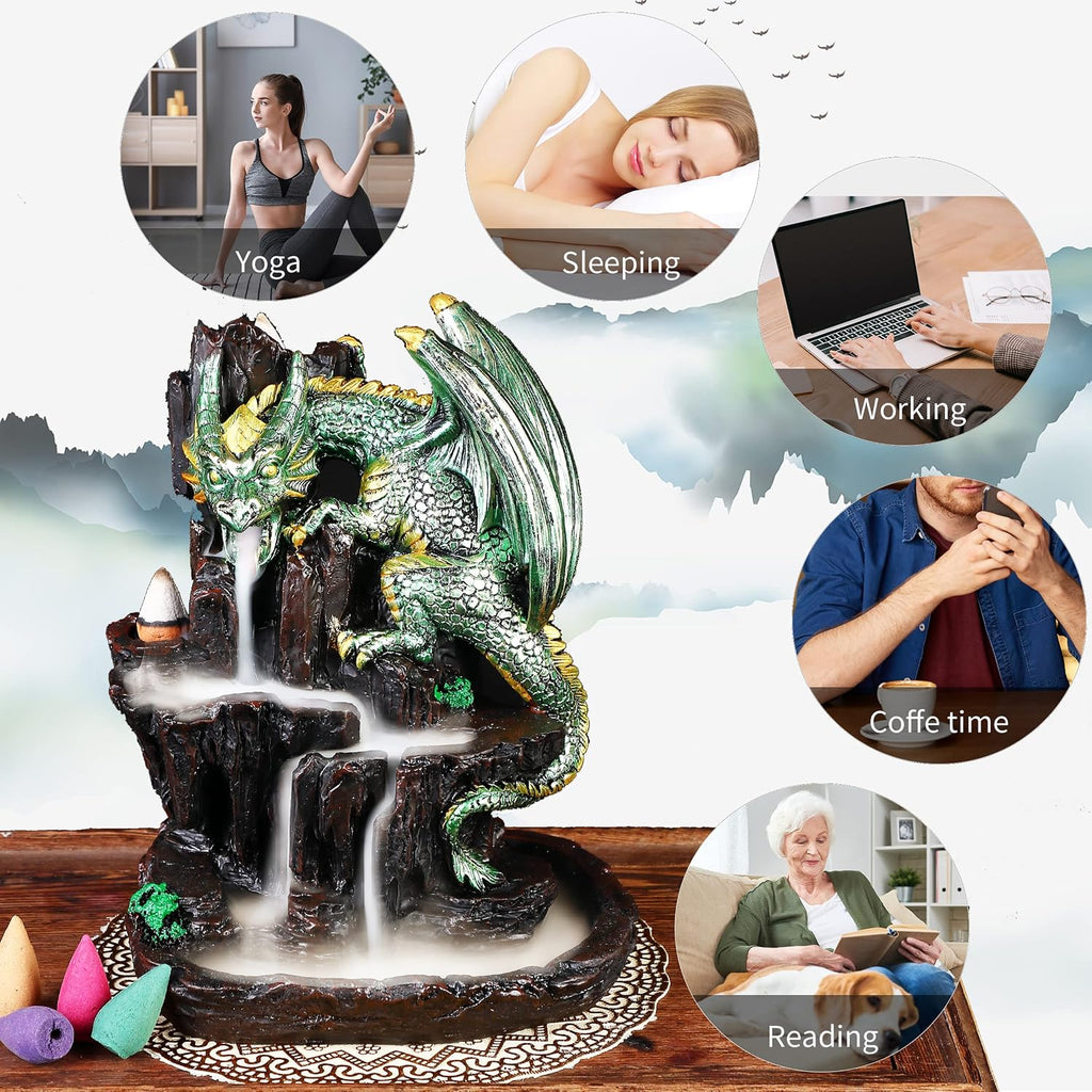 Dragon Backflow 2 Sided Mountain Waterfall Incense Burner,Fountain Smoke Incense Holder with Backflow Incense Cones