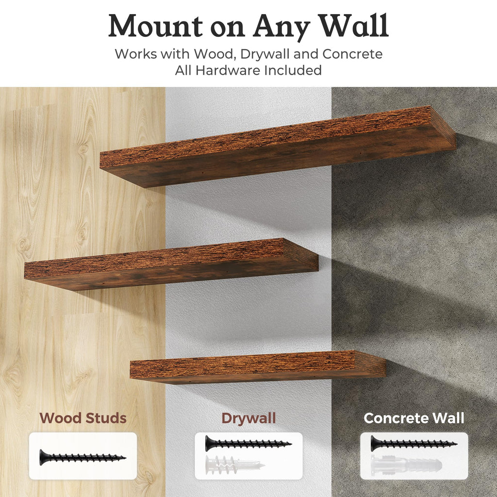 40" Rustic Brown Floating Shelves 12inch Deep Wall Shelf, Set of 2