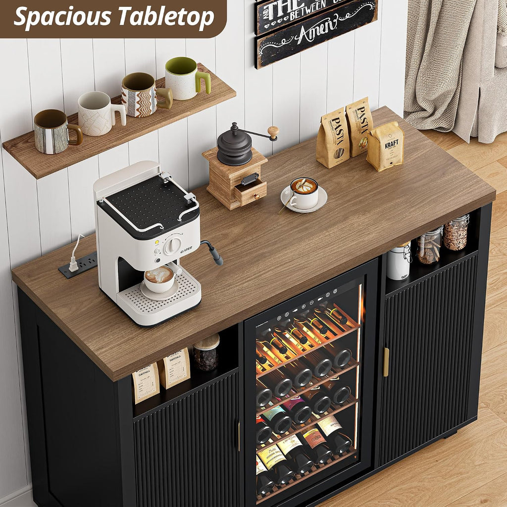 53" Fluted Coffee Bar Cabinet with Mini Fridge Space and Charging Station, Black and Walnut