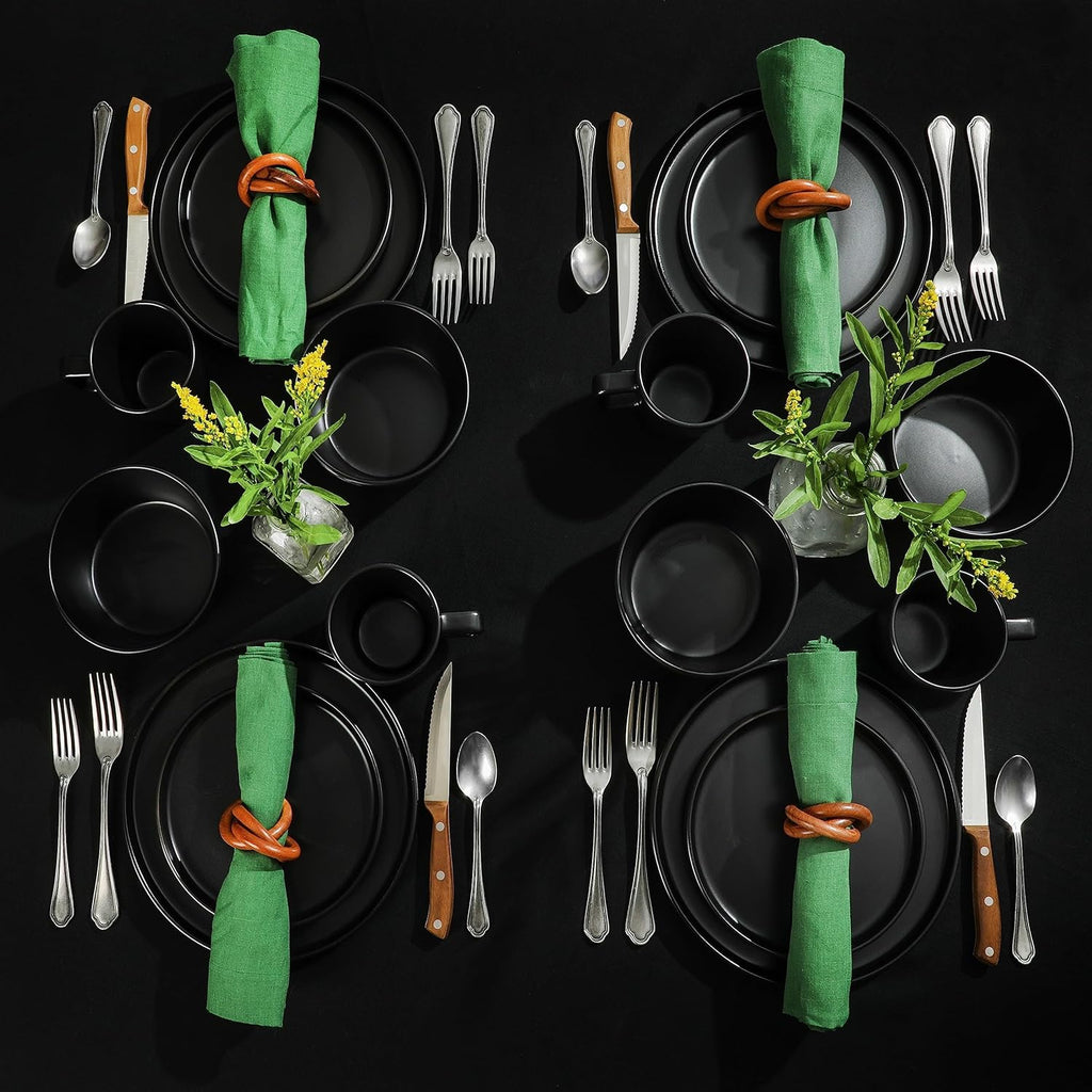 Bowery 32 Piece Matte Black Stoneware Dinnerware Plates, Bowls, and Mugs Set - Service for 8