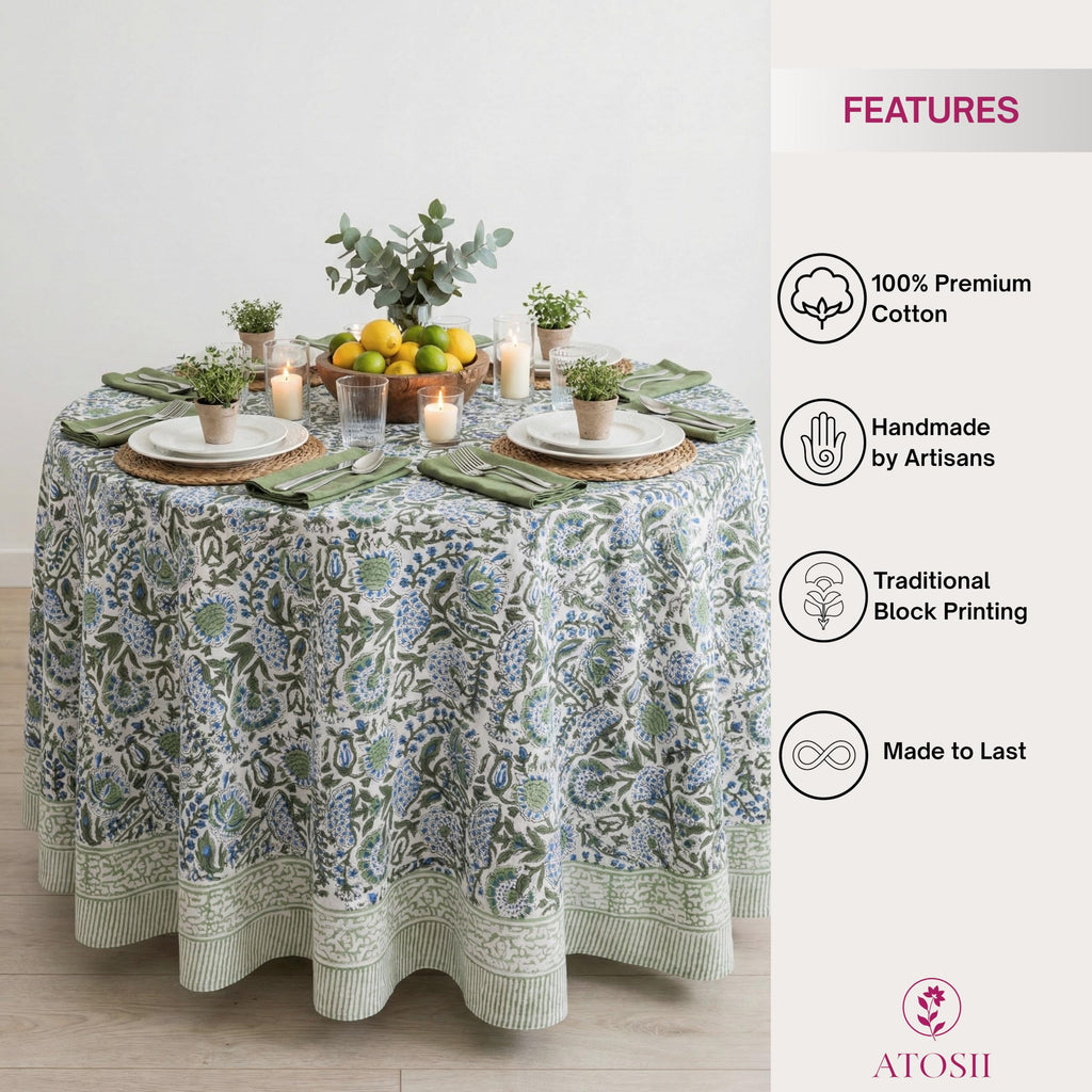 Cotton Blockprint Round Tablecloth, Clover Blue, 72 Inches
