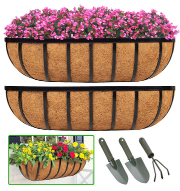 Railing Planter Window Box - 2 Pack 30 Inch Deck Balcony Rail Planter with Coconut Coir Liner, Fence Metal Hanging