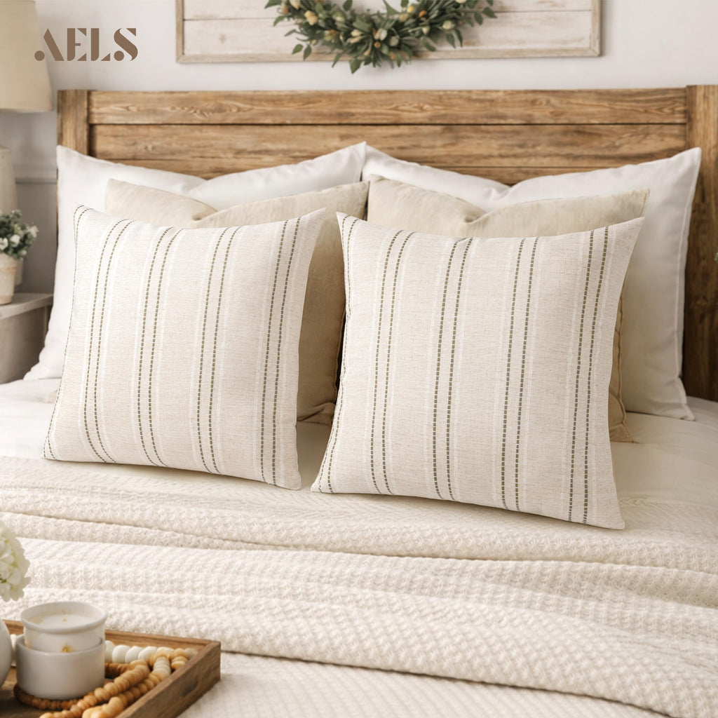 24x24 Decorative Farmhouse Linen Throw Pillow Covers, Boho Textured Pillow Case, Set of 2, Beige with White & Navy
