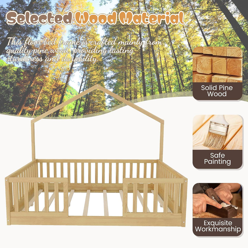 Montessori Floor Bed with High Rails, Wood House Beds Frame with LED Light, Low Profile Montessori Bed