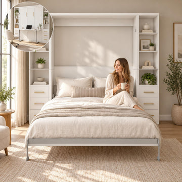 Murphy Bed with Desk Queen Foldable Wall Bed with Side Storage Cabinets