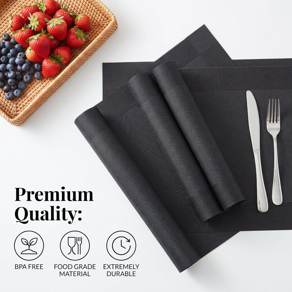 Placemats Set of 4, Washable Vinyl Woven Placemats, Heat Resistant & Wipeable Table Mats Dining Table (Black)