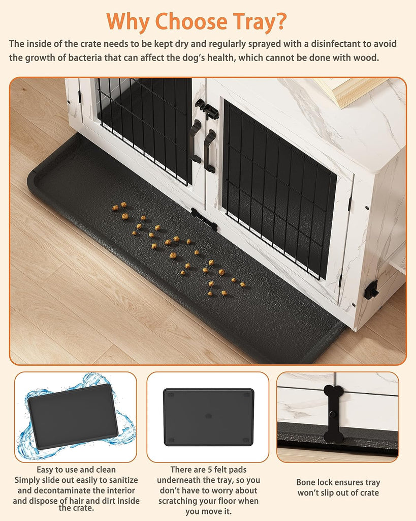 Wooden Dog Crate Furniture with 360°Rotatable Removable Dog Bowls, Dog Crate End Table with Tray, Double Doors Dog