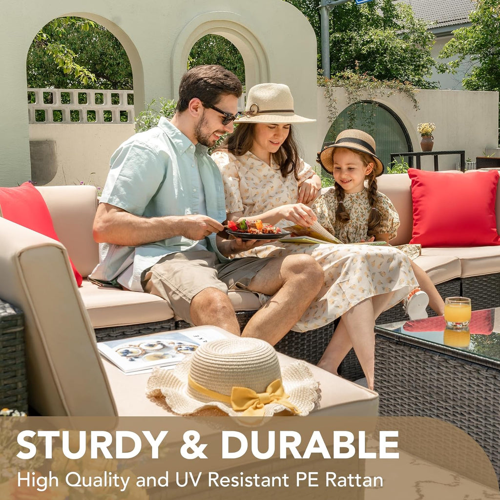 Patio Furniture Sets 6 Pieces Outdoor Sectional Rattan Sofa Manual Weaving Wicker Patio Conversation Set with Glass