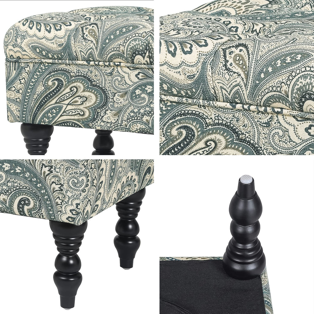 20'' Tufted Ottoman- Vanity Ottoman Stool with Sturdy Wood Legs- Mid-Century Teal Boho Paisley Floral Faux Linen