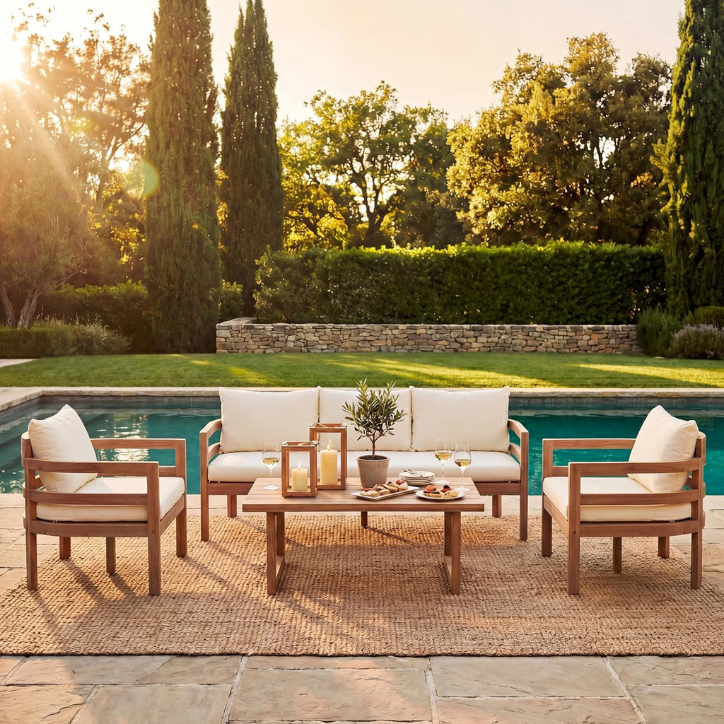 Alger 5-Seater Patio Furniture Set with Removable Cushion, 4 Piece Outdoor Acacia Wood Conversation Set, Wooden