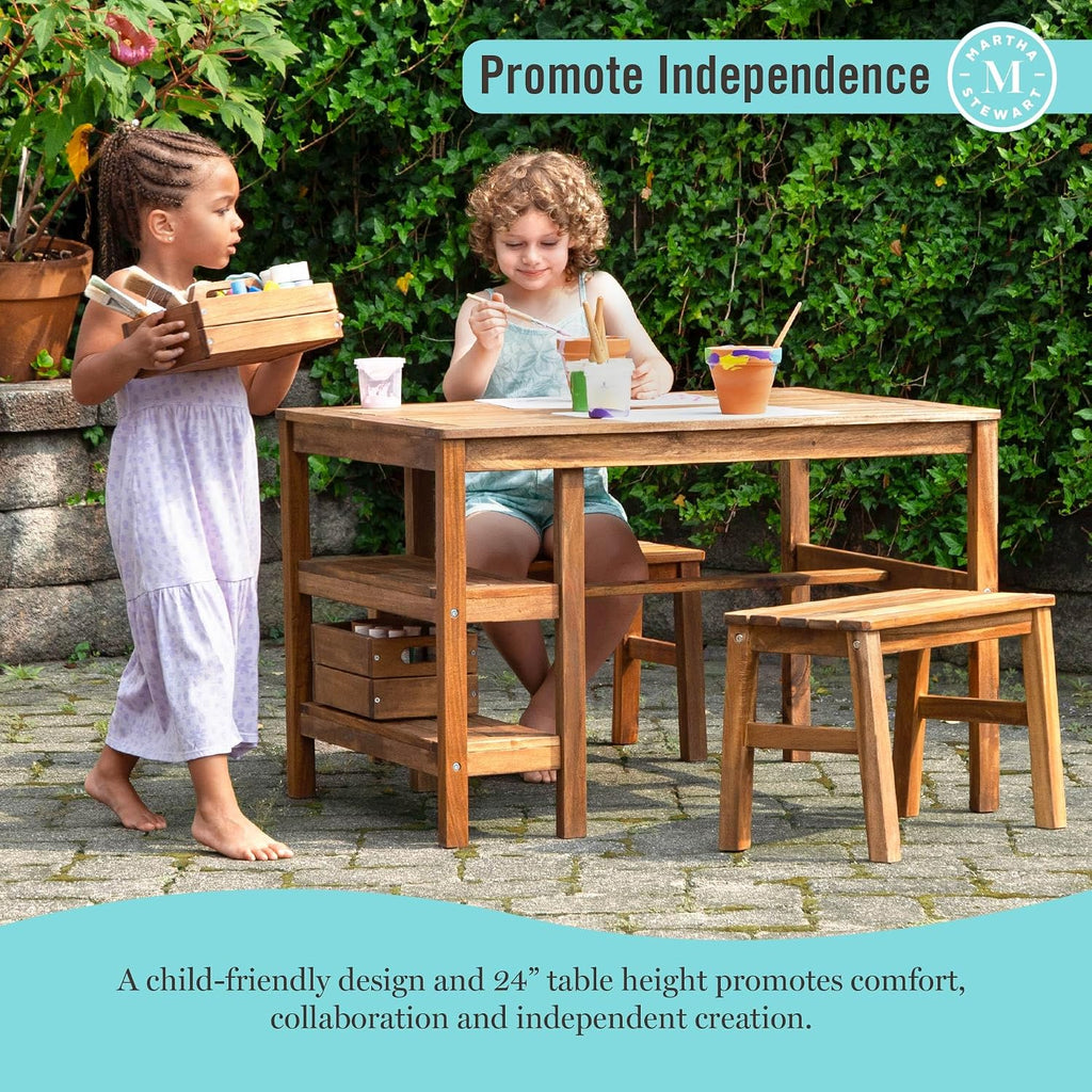 Kids Outdoor Craft Table and 2 Bench Set: Acacia Wood Activity Desk w/Crate, Caddy, and Storage Shelves | Kids Play &