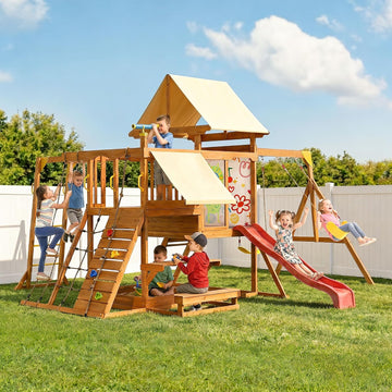 Wooden Swing Sets for Backyard, Outdoor Playground Playset for Kids Ages 3-10