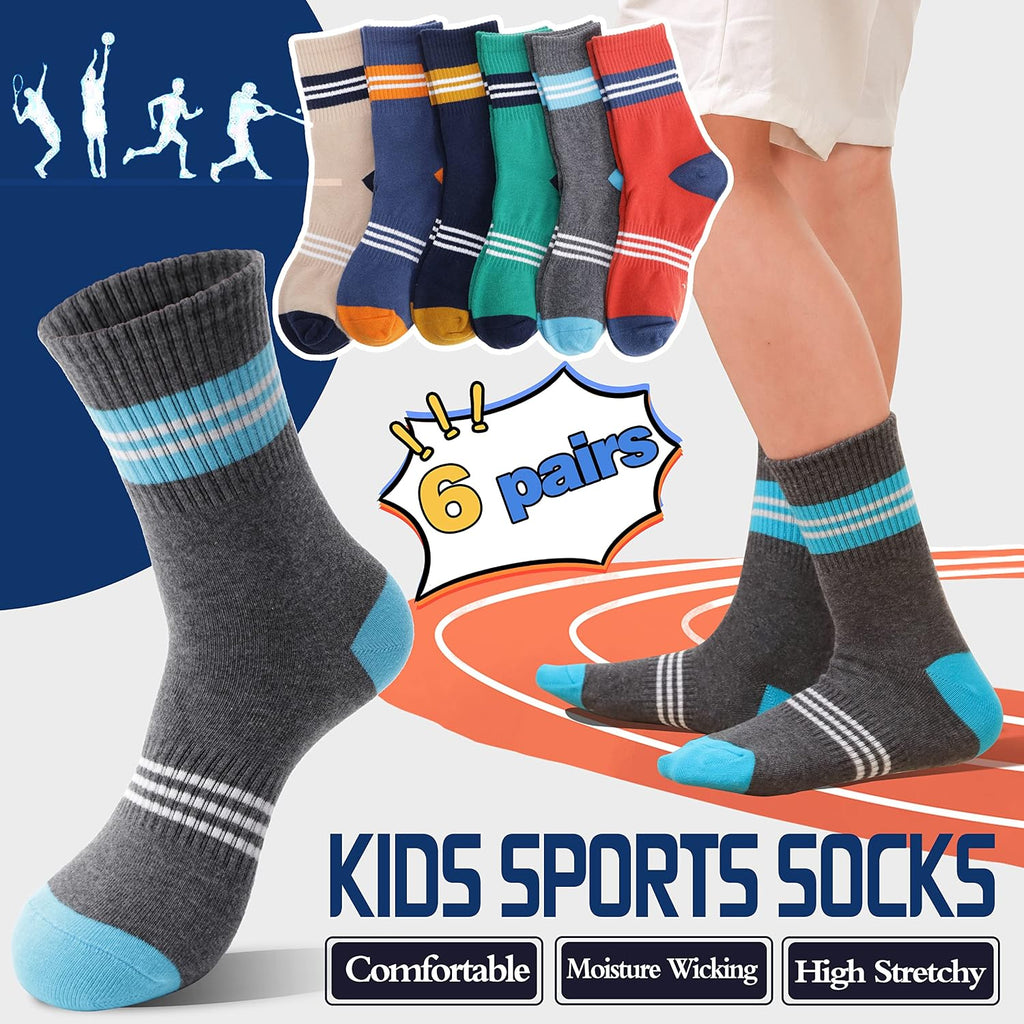 6 Pairs Kids Boys Girls Socks Athletic Basketball Youth Sport Crew Cotton Breathable Soft Socks