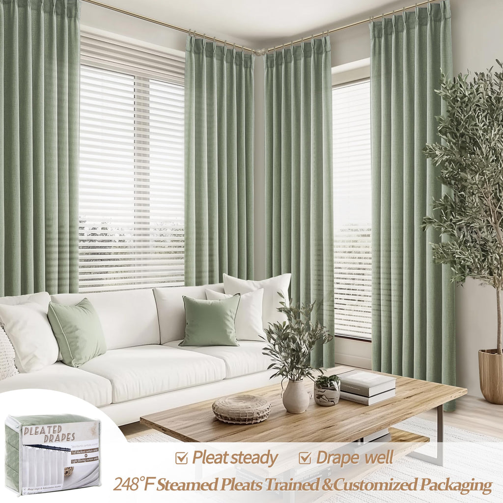 Memory Trained Pinch Pleated Linen Sage Green 100 Inch Long Sheer Curtains