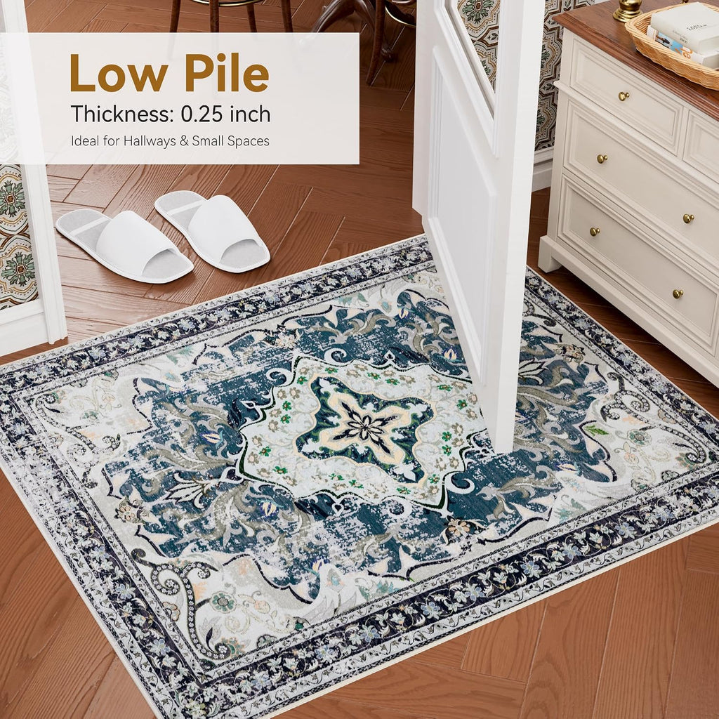 Washable Area Rugs, Non-Slip Boho Vintage Traditional Medallion Print Pattern Carpet Dining Room Farmhouse