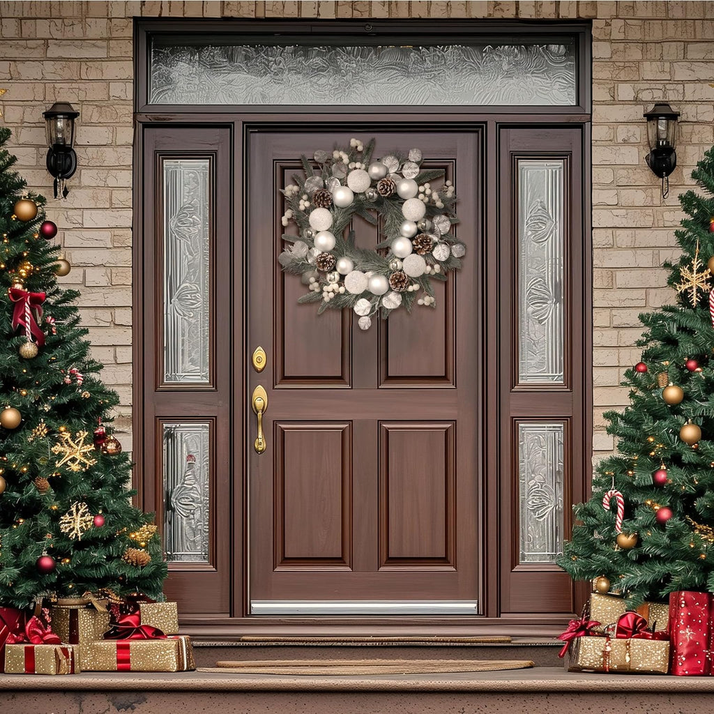 20'' Pre-Lit Christmas Wreath for Front Door with Lights, Lighted Christmas Door Wreath with Silvery White Xmas Ball
