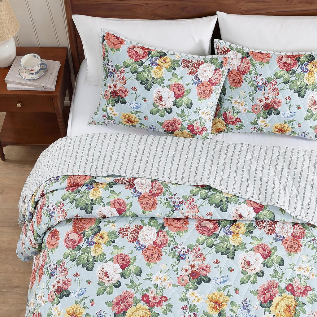 Floral Quilt Set Queen, 3 Piece Reversible Lightweight Soft Bedspread Coverlet, Garden Farmhouse Botanical Diamond