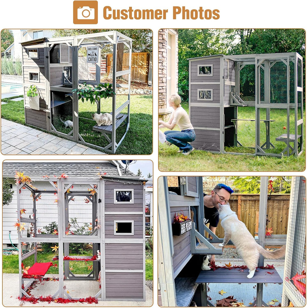 76.8 Inches Large Wood Catio, Catio Outdoor Cat Enclosure Large Walk in Cat Cage with 3 Platforms and 2 Resting Houses