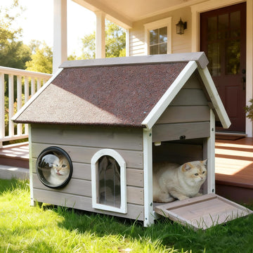 Outdoor Cat House with Escape Door, Wooden Elevated Outside Cat House