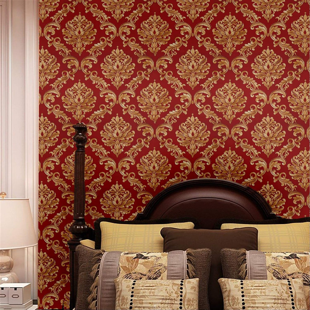 Red Damasks Flocking Embossed Textured Wallpaper Roll Bedroom, 20.8 In32.8 Ft=57 Sq ft Per Roll, Gold/Red