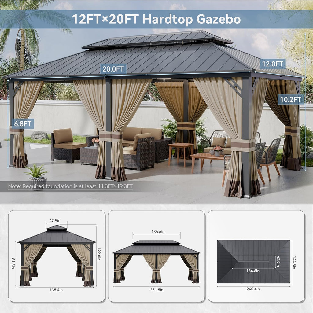 12' x 20' Hardtop Outdoor Metal Gazebo with Galvanized Steel Double Roof Canopy, Netting and Curtain