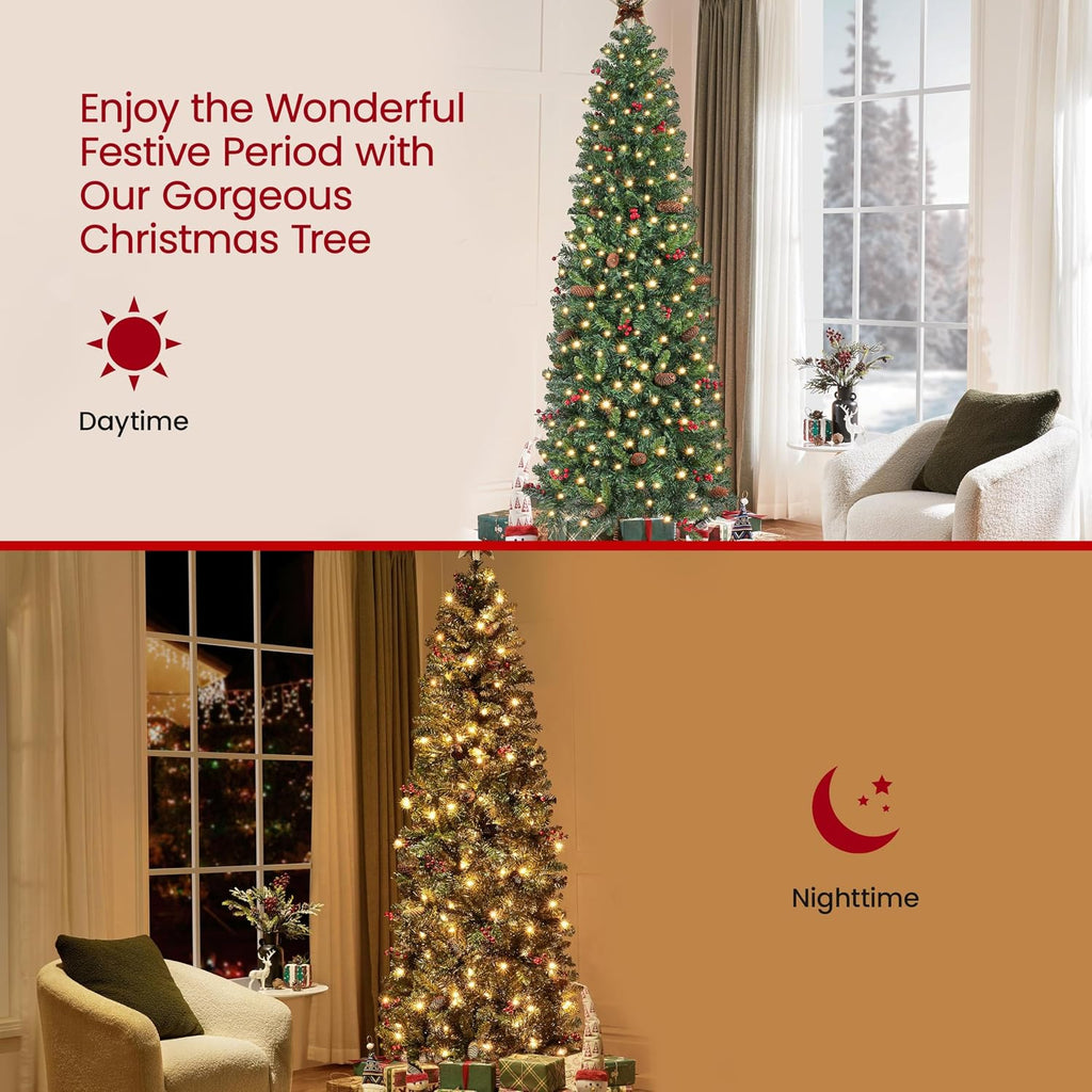 7.5ft Pre-lit Pencil Spruce Christmas Tree, Artificial Slim Xmas Fir, Pre-Decorated , Party, Holiday Decor W/ 948