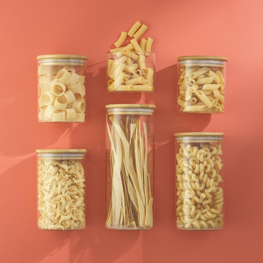 Borosilicate Glass Jars With Bamboo Lids. 6 Pc Set of Air Tight Sealable Containers. Food Jar Canisters with Airtight