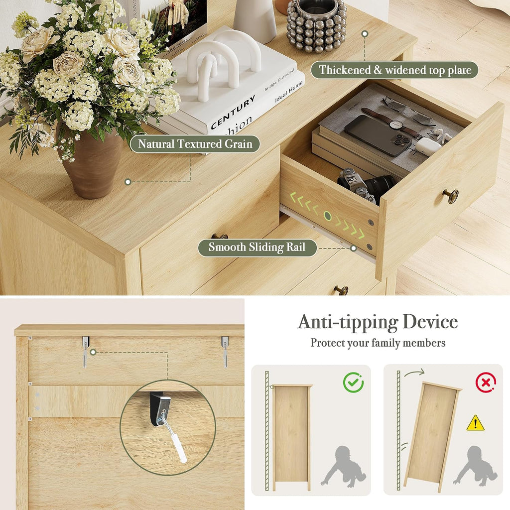 44" Tall Dresser with 6 Drawers (Natural) | Modern, Farmhouse, Metal Handle, Natural, Wood-grain Finish, Organizer