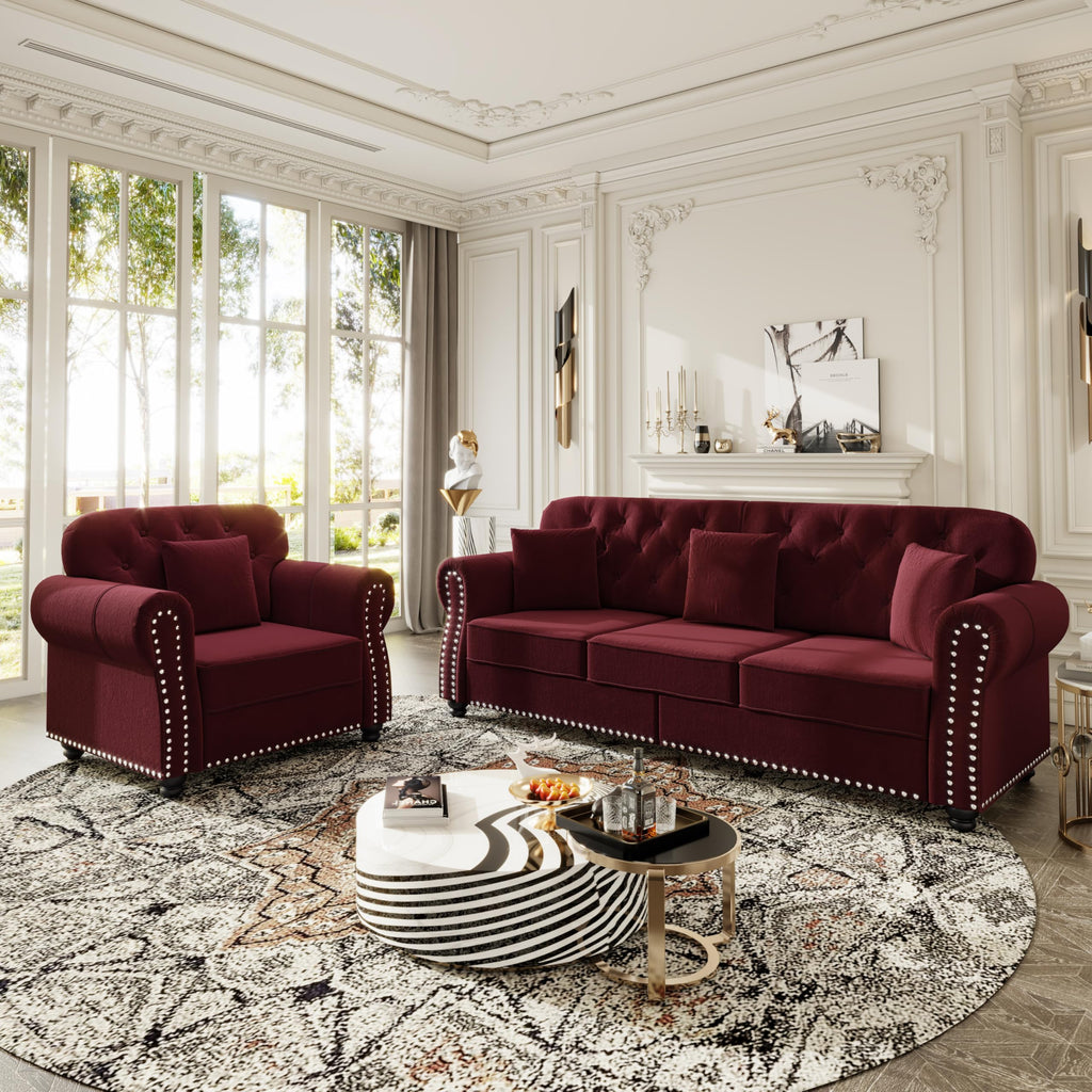 2-Piece Chesterfield Sofa Set with 1 Velvet 3-Seater Sofa & 1 Single Sofa, Upholstered 4-Seater Couch Set with
