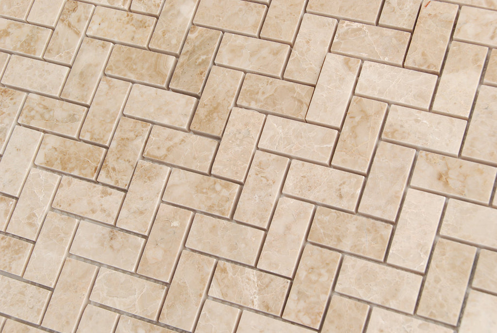 Crema Cappuccino Marble 1 X 2 Herringbone Polished Mosaic Tiles - Premium Quality (LOT of 5 Sheets)