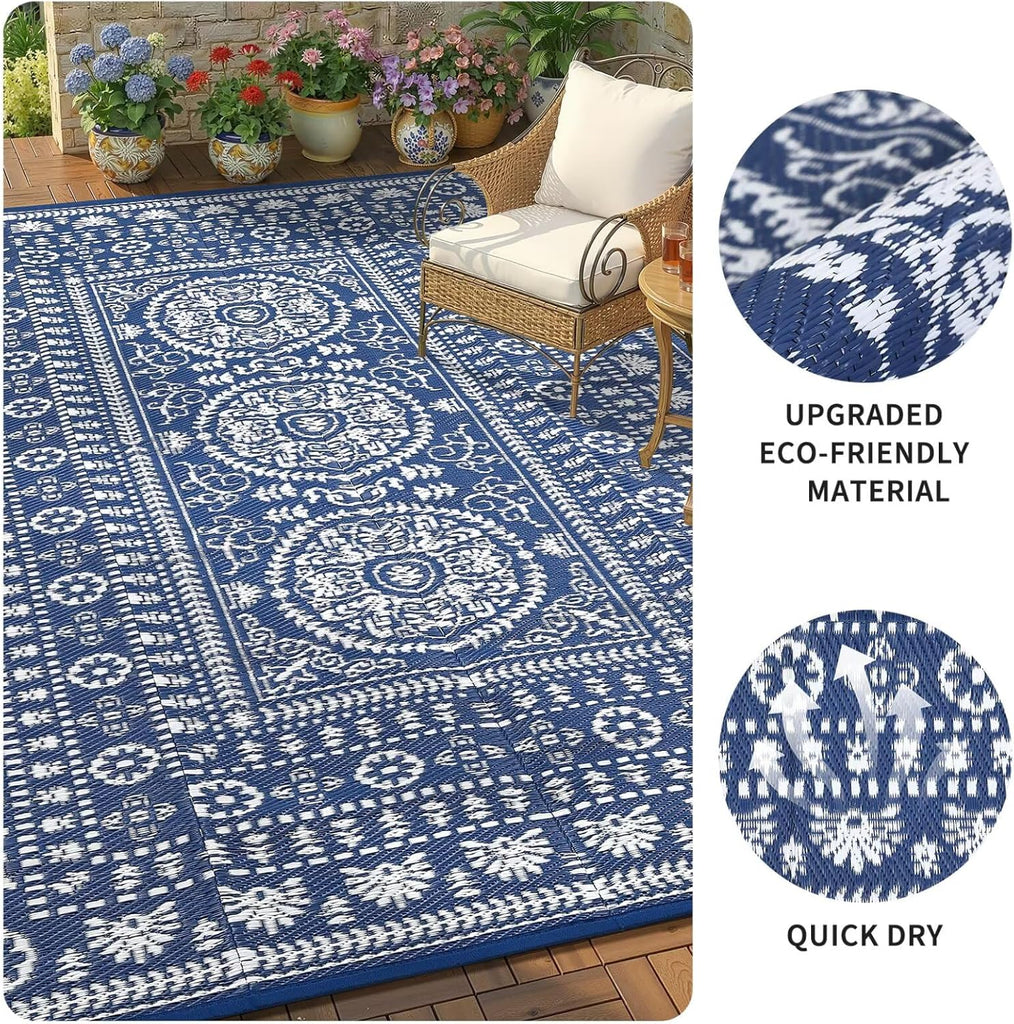Reversible Outdoor Rug 6x9, Waterproof Outdoor Area Rug, Modern Medallion Indoor Outdoor Rugs, Plastic Straw Rug for