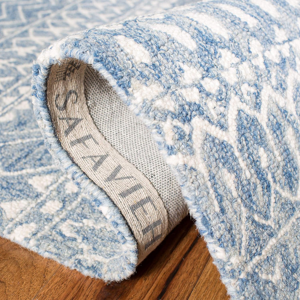 Micro-Loop Area Rug - 9' x 12', Blue & Ivory, Handmade Moroccan Boho Tribal Wool