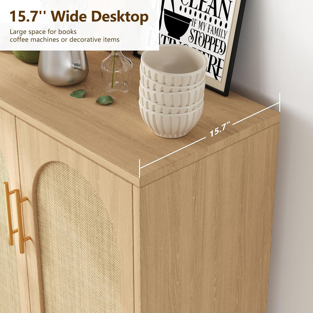 Set of 2 Rattan Storage Cabinet with 4 Doors & Solid Wood Legs | 59 Inch Sideboard with Adjustable Shelf , Floor