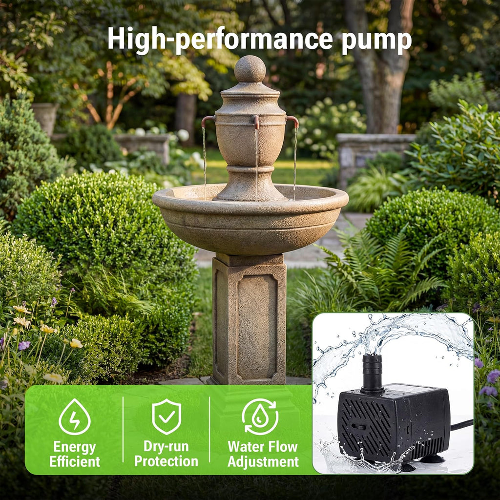35" Outdoor Water Fountain, 2-Tier Resin Brown Garden Fountain | Modern Italian Floor Standing, with Warm Light, Home