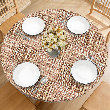 Weave Printed 42 Inch Round Fitted Cloth Tablecloth with Elastic Edged, Waterproof Oil Proof Wipeable Table Cover for