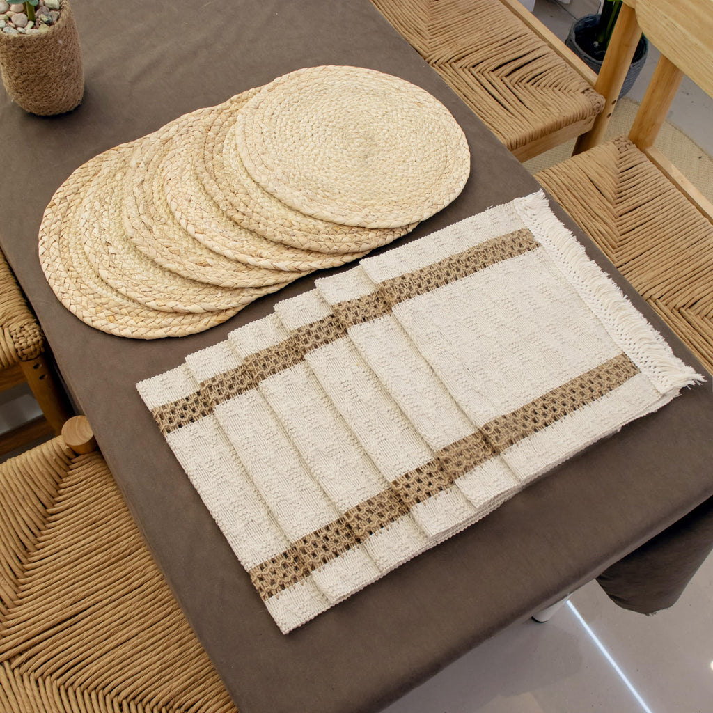 Openwork Placemats with Tassels for Dining Table Decor, Cotton-Linen Blend Rectangle Farmhouse Rustic Style Woven