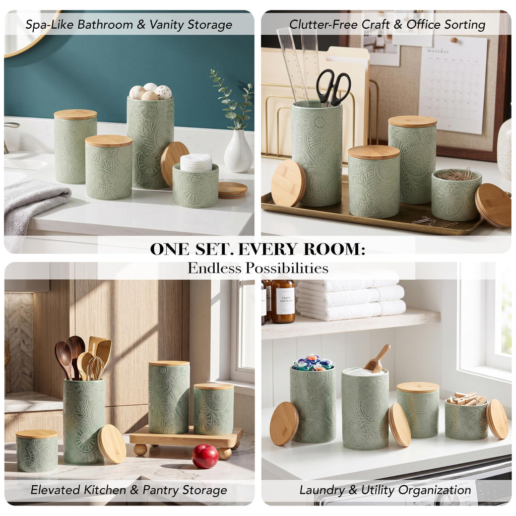 Ceramic Kitchen Canister Set Embossed, Wood Lids Sage, 4PC