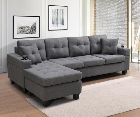 Wakefit Sectional Sofa Couch, Modern 4-Seaters Living Room Furniture Sets with Reversible Chaise Lounge & 2 Pillows |
