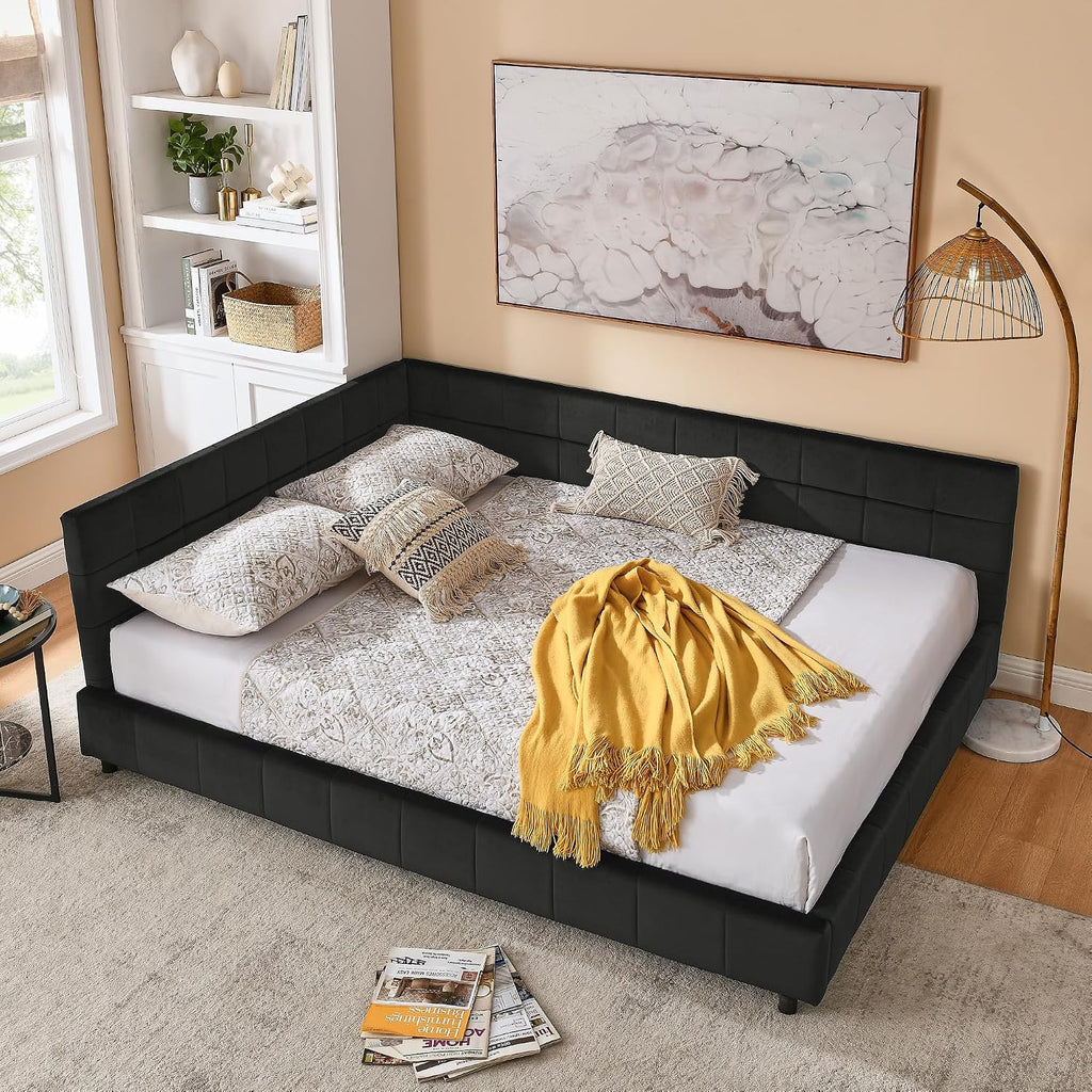 Queen Size Upholstered Corner Daybed, Modern L-Shaped Daybed with Tufted Backrest, Velvet Corner Bed Floor Bed Frame