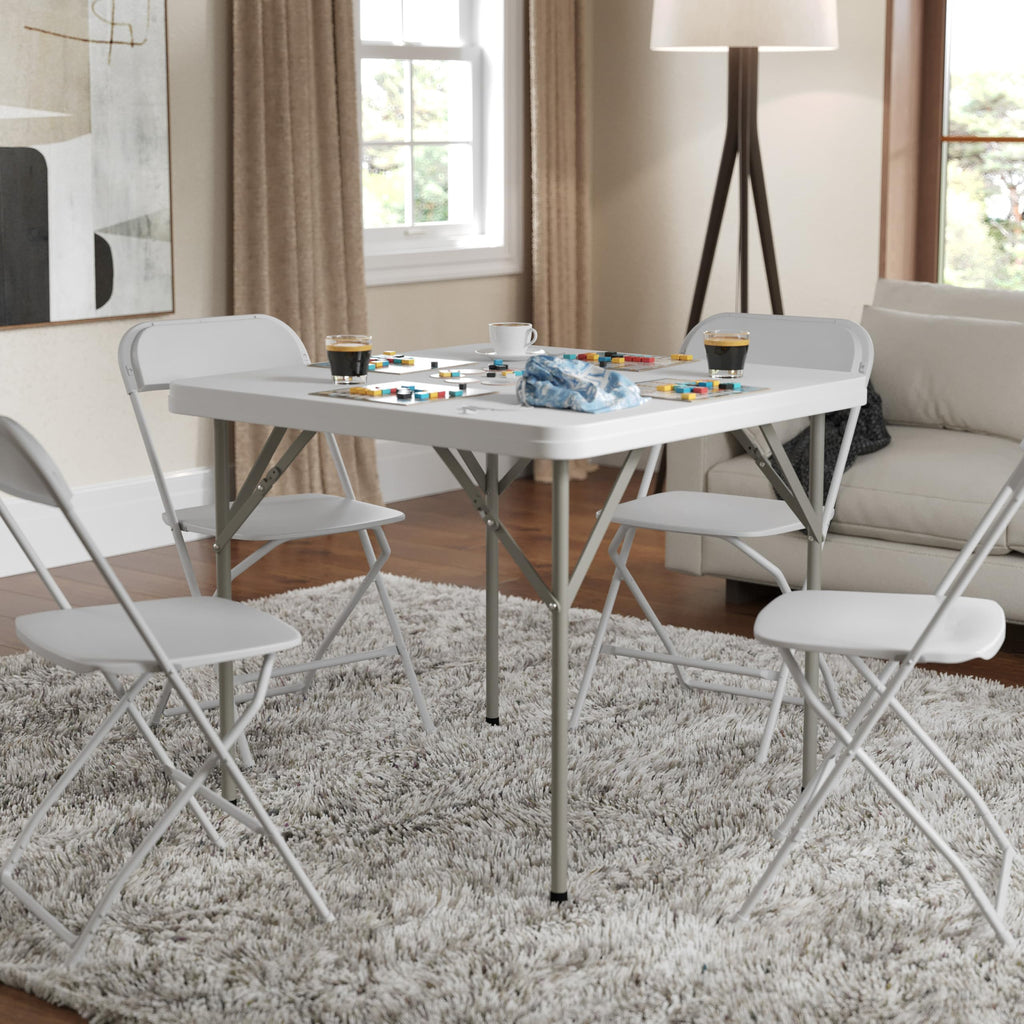 Elon Square Plastic Folding Table, Portable Dining Card Table for 4 People, Indoor-Outdoor Use, 34.25", Granite White
