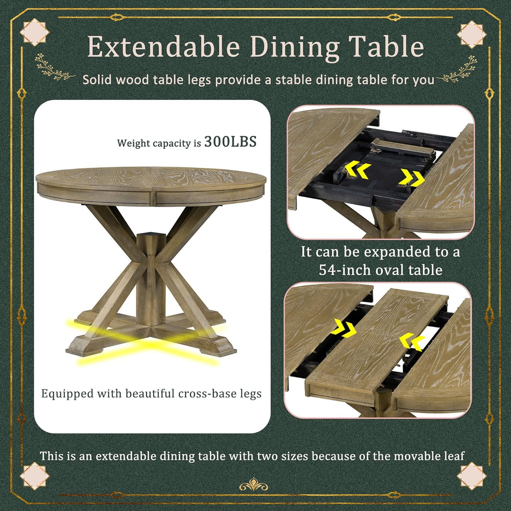 42"-54" Farmhouse Extendable Dining Table for 4-6 with 12" Butterfly Leaf Round-to-Oval Top Cross-Base Legs, Kitchen